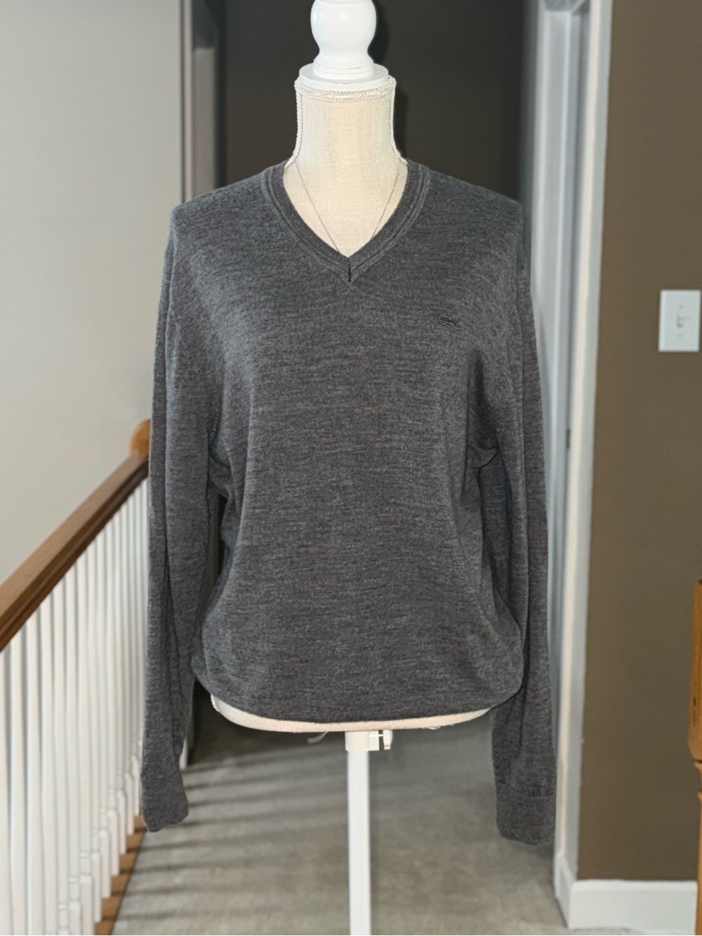 Lacoste Classic Lightweight Heather Charcoal V-Neck Sweater Merino Wool